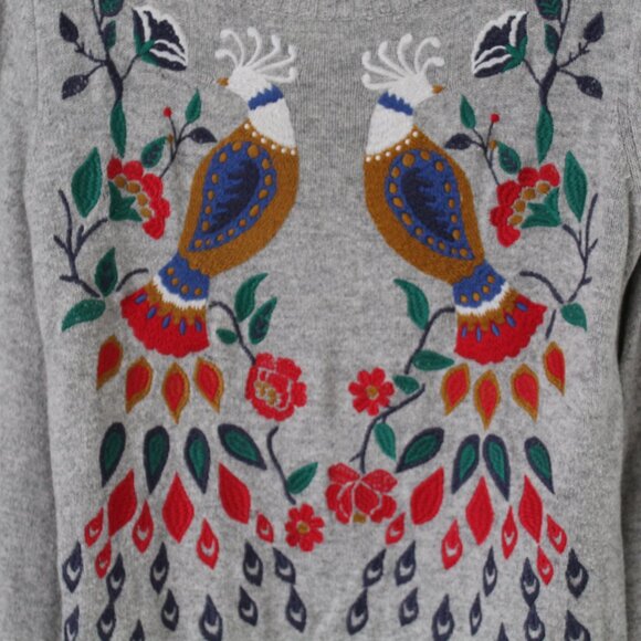 Loft Gray Embroidered Peacock Crew Neck Bell Sleeve Pullover Sweater Size S - Picture 4 of 7